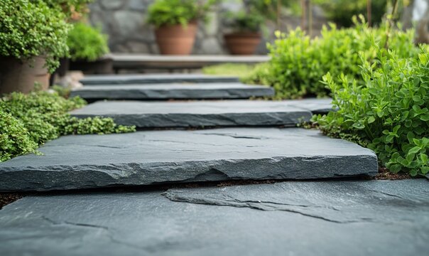 Garden path of natural grey slate stepping stones - Powered by Adobe