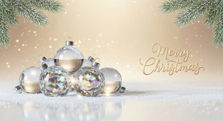 Luxurious Merry Christmas Background with Sparkling Faceted Diamond-Cut Ornaments Piled on Pristine Snow, Framed by Frosted Pine Branches and Soft Golden Bokeh for a Premium Holiday Feel