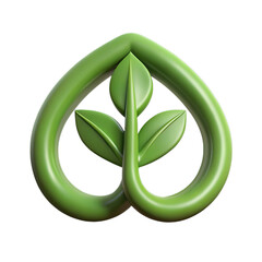 A green heart shape with a sprouting plant inside, symbolizing growth and nature, isolated on transparent background