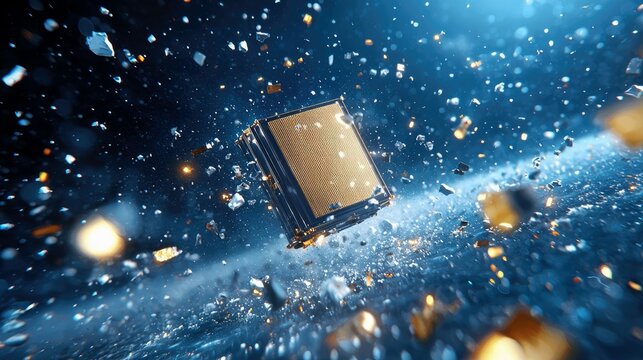 A golden square object is exploding into many small pieces, creating a dynamic and abstract scene with a dark blue background and glowing lights.