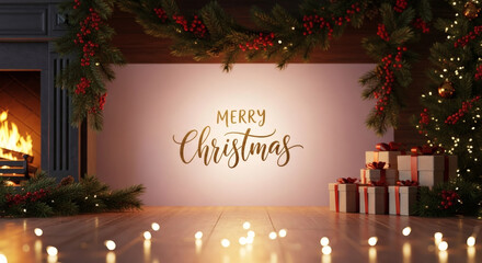 Cozy Indoor Christmas Scene with a Lit Fireplace, Garland Decoration, Stacked Gift Boxes, and Sparkling Lights on a Wooden Floor, Providing a Warm Holiday Template with Central Copy Space