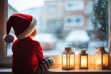 Child in a Santa hat looking out a window at falling snow, lanterns glowing on the windowsill. Anticipating winter holiday