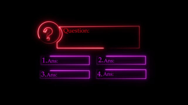 Quiz Neon Line Animation with option selection on black background Quiz Animation template, question and test menu choice quiz show question and answers with option.