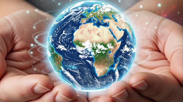 Hands Holding Glowing Earth for Sustainability. Human hands gently hold a glowing Earth symbolizing global unity, care, and environmental responsibility.