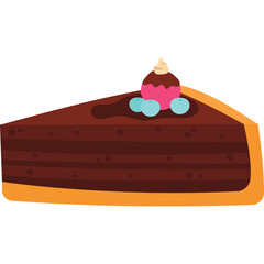 A Decadent Slice Of Rich Chocolate Cake With Dark Brown Frosting Topped With A Small Dollop Of Whipped Cream And Pink Cherry And Blueberries On A Golden Crust Isolated On A White Background