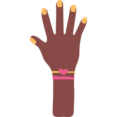 Obraz premium A dark-skinned hand with bright orange nail polish and a pink and gold bracelet with a heart charm is raised against a white background indicating a gesture of greeting or counting