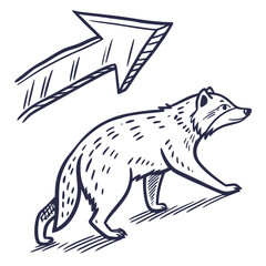 Hand drawn sketch of a bear walking with an arrow pointing upwards above