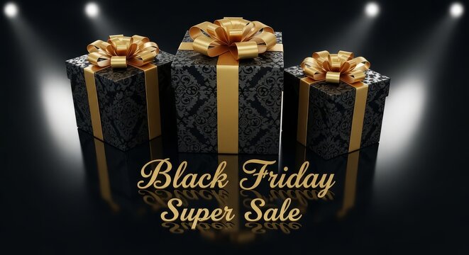 Three black and gold gift boxes with bows presented for black friday super sale event promotion