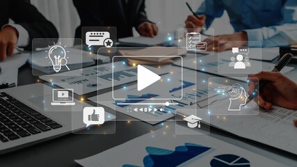 A dynamic business meeting showcasing teamwork with technology. Participants discuss strategies using data charts and digital tools in a modern office setting. Raster - Powered by Adobe