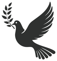 Obraz premium Silhouette of a dove bird with olive branch, symbolizing peace, flying against a white background