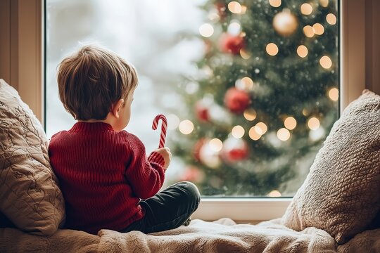 Child in red sweater sitting on cozy window seat holding candy cane, looking at illuminated Christmas tree outside