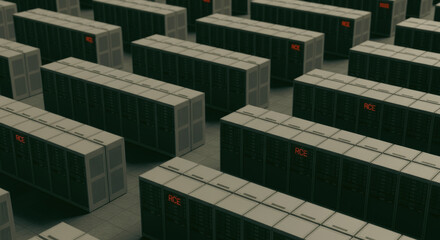 A data center, filled with rows of servers, is shown from a high angle, representing the cutting edge of digital infrastructure.