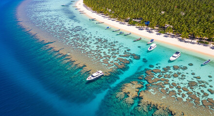 Aerial view of a tropical paradise with boats and coral reefs.