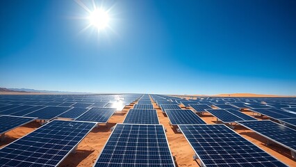 array. Array of solar panels reflecting intense sunlight in a desert landscape. ESG reports, sustainability campaigns, designed for sustainability communications and ESG reporting.