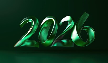 The word 2026 in green color with an elegant flowing design on a dark background for new year celebration and new beginnings