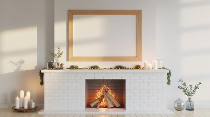 Cozy Christmas Fireplace Scene with Blank Frame, Garlands, Candles, and Neutral Color Palette