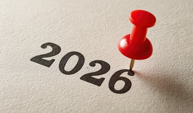 A red push pin in the shape of 2026 stuck into paper with a white background for new year day celebration concept