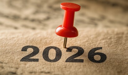 Red pushpin placed on the word 2026 written with a black marker on a paper background for new year concept
