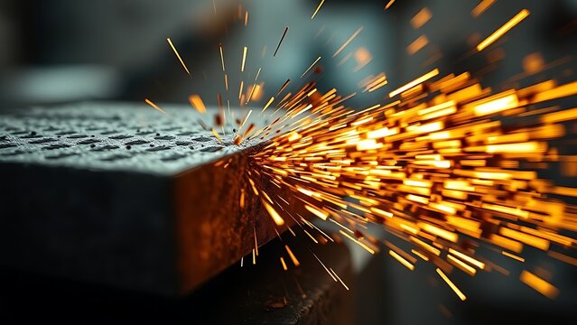filings. Close-up of sharpening stone creating sparks in a workshop. safety posters, maintenance manuals, designed for precision metalworking and fabrication facilities.
