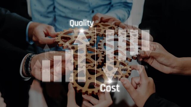 A close-up view of multiple hands working together to hold gears, representing the balance of quality and cost in business. Data visualization appears in the background. Raster