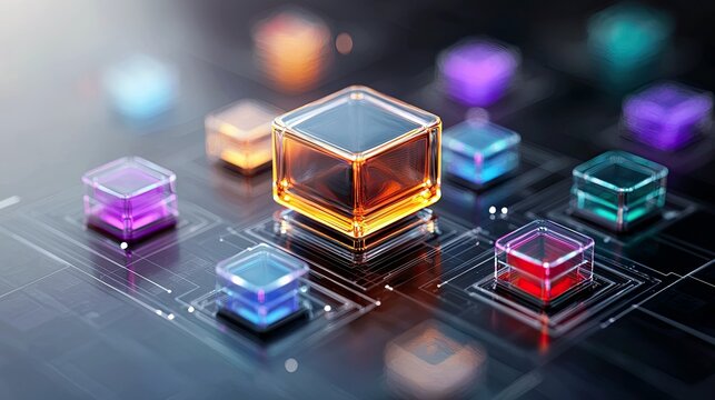 A network of glowing, translucent cubes in various colors sits on a dark, textured surface with visible circuit lines. - Powered by Adobe