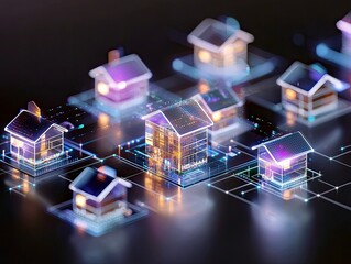 A futuristic digital network shows multiple glowing houses connected by lines and nodes, representing connectivity and data flow.