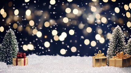 Christmas gifts and small fir trees decorating shimmering snow with falling snowflakes and warm bokeh lights