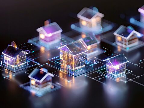 A futuristic digital network shows multiple glowing houses connected by lines and nodes, representing connectivity and data flow.