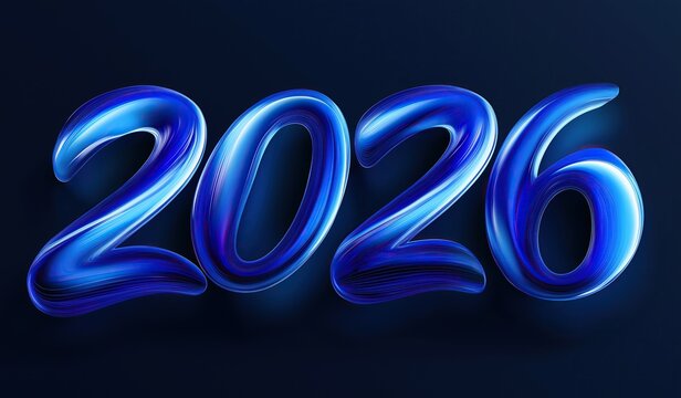 2026 written in blue glowing letters on a dark background for futuristic design and new year celebration concept