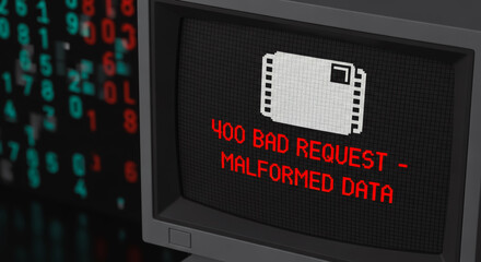 An ominous close-up showcases a vintage computer monitor displaying an error message 400 BAD REQUEST - MALFORMED DATA, conveying a sense of data corruption, cyber-threat.