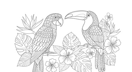 Fototapeta premium Two tropical birds, a detailed parrot and a toucan, are beautifully illustrated among lush exotic foliage and blooming flowers for coloring.