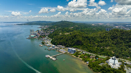 Aerial view of city of Sandakan capital of the Sandakan district in Sabah, Malaysia.