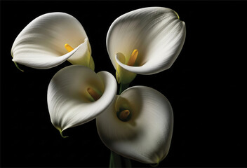 White calla lilies on black background. Copy space Christmas greeting card, poster and banner.