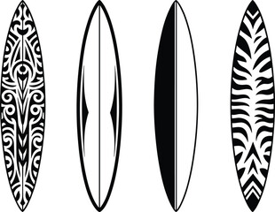 Modern surfboard vector set, black and white tribal, abstract, and animal print designs, isolated on white background, perfect for digital art, decor, creative projects, cad drawing flat vector 