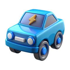 A blue 3d cartoon electric car with a yellow lightning bolt symbol on the windshield, isolated on transparent background