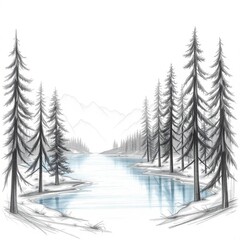 A serene pencil sketch depicts a tranquil lake surrounded by tall, slender evergreen trees and distant mountains.