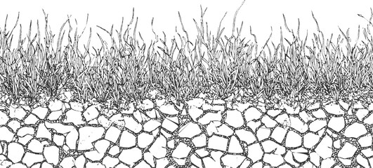 Black and white illustration of grass growing from cracked earth soil ground © appl