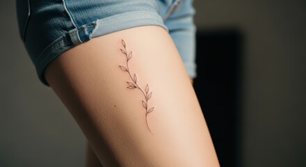 Minimalist leaf tattoo on female leg wearing denim shorts