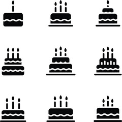 Set of minimalist birthday cake icons, various candles and cake styles, black silhouette vector, isolated for celebration, party graphics, invitations, cad drawing flat vector illustration