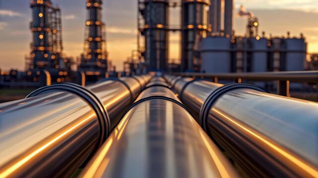 Shiny stainless steel pipeline leading toward petrochemical refinery sunset with warm sunlight reflection and polished metal pipeline transporting oil and gas through industrial refinery architecture