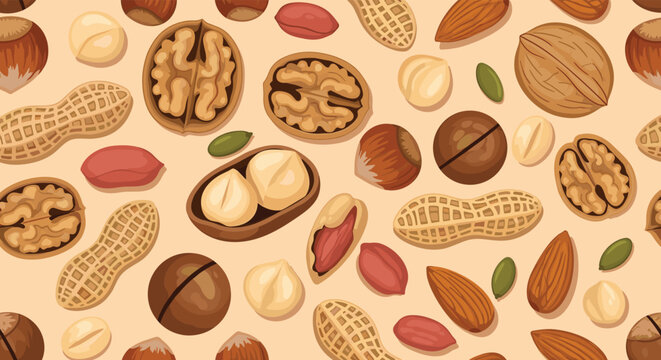 A vibrant and appetizing seamless pattern features a diverse assortment of healthy nuts and seeds, perfect for culinary and design projects.