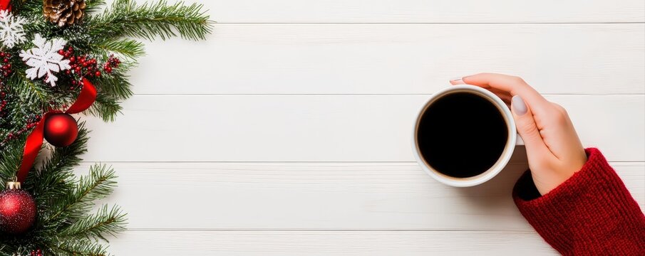 Woman hand holding coffee mug near Christmas tree decorated with ornaments, berries, snowflakes on white wooden table