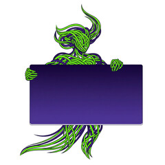 Mysterious creature holding a blank sign, abstract concept with flowing green and purple lines.