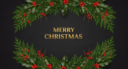 Elegant Christmas Wreath Frame of Dark Green Holly Leaves, Red Berries, and Pine Branches Surrounding Golden "Merry Christmas" Text on a Deep Black Background for a Classic and Luxurious Look
