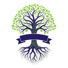 Tech Tree of Life with Circuit Board Roots and Copy Space Banner