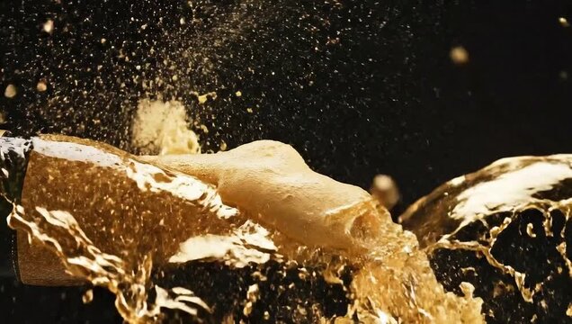 Beer bottle exploding with liquid and foam in a dynamic splash.