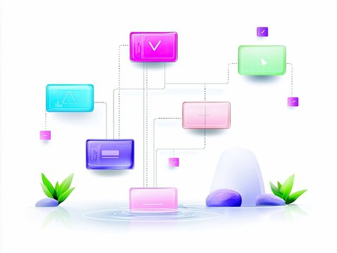A modern, abstract flowchart design featuring translucent, colorful rectangular nodes connected by dotted lines, symbolizing a process or workflow.