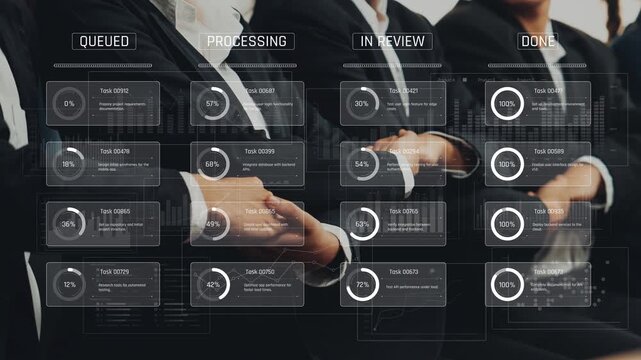 A visual depiction of a project management workflow showcasing task tracking, progress indicators, and professionals collaborating in a corporate setting to optimize efficiency. Raster