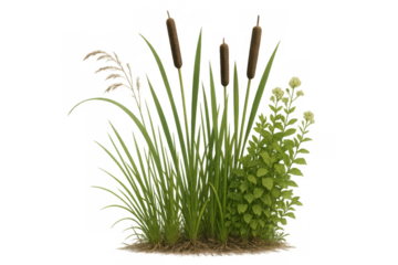 Cattail plants growing with other wetland vegetation, showing green leaves and brown flower spikes on transparent background