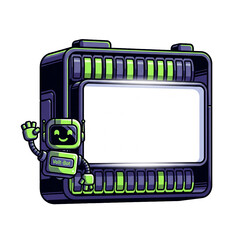 Friendly robot character waving next to a blank digital screen with battery-like indicators.